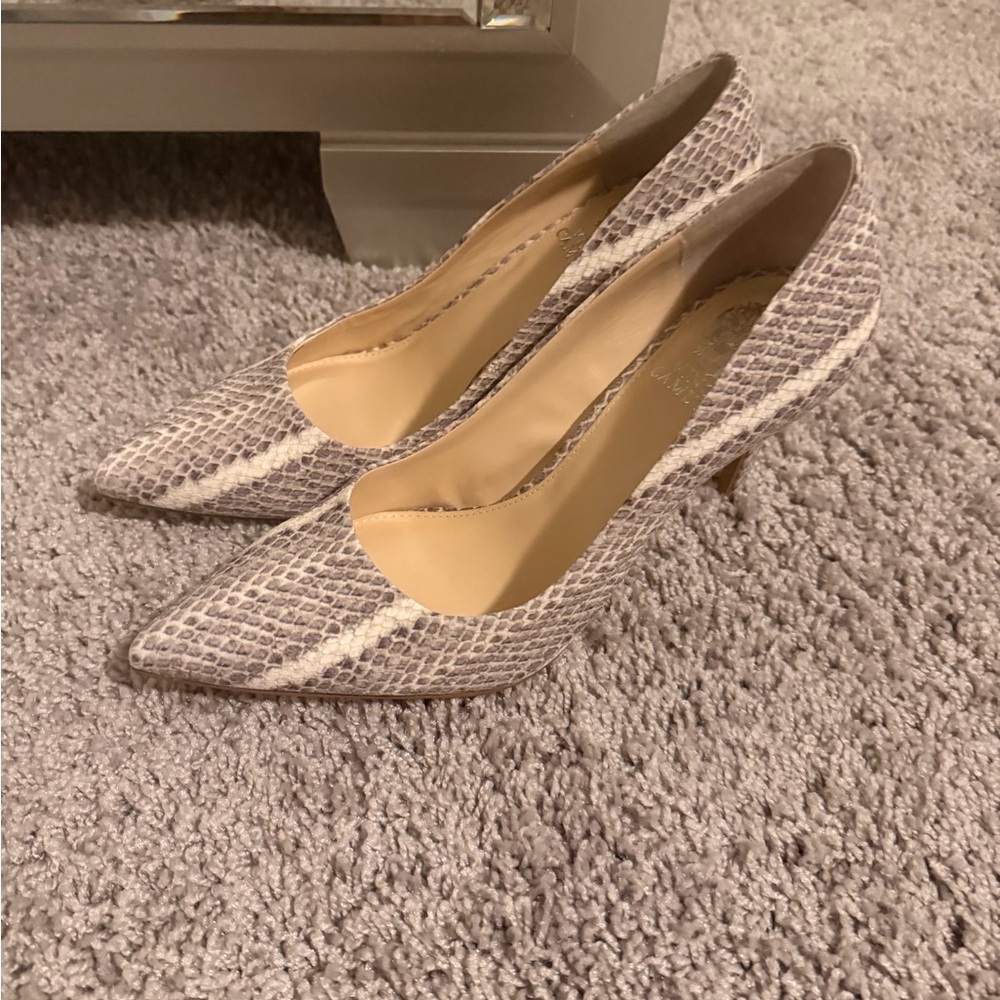 Vince Camuto Snakeskin Patterned Heels in Gray and Cream